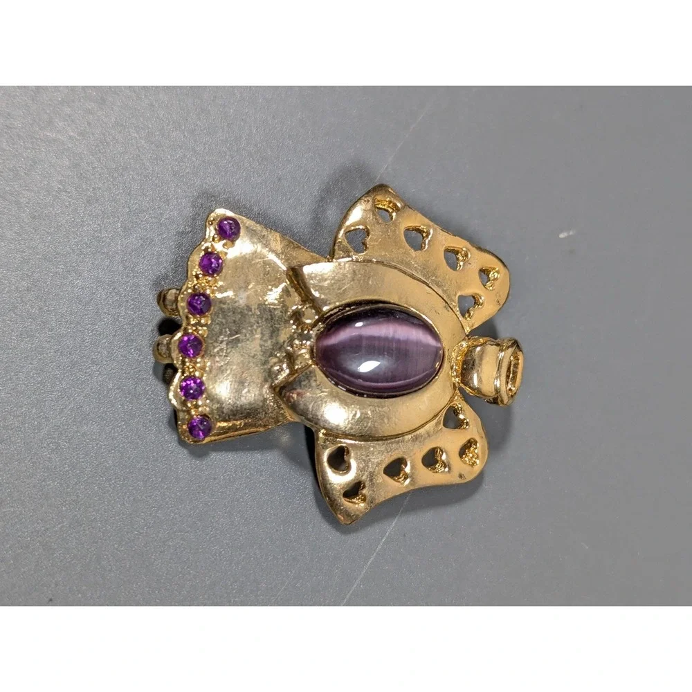 Vintage AAi Christmas Angel Brooch Purple Glass Cats‎ Eye Cabochon Birthstone